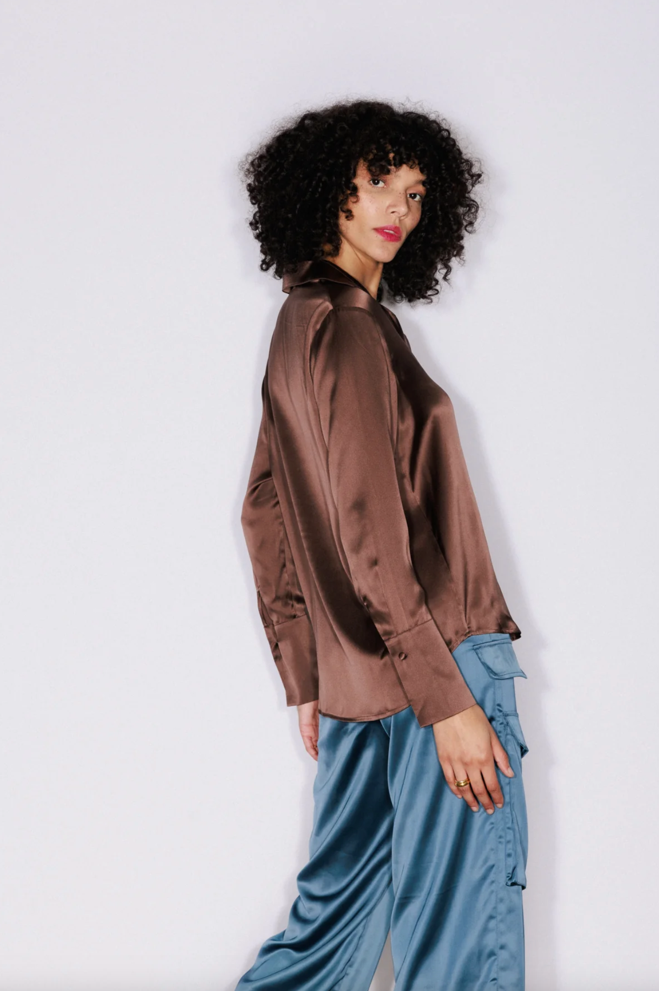 Daria French Cuff Silk Blouse - Coffee