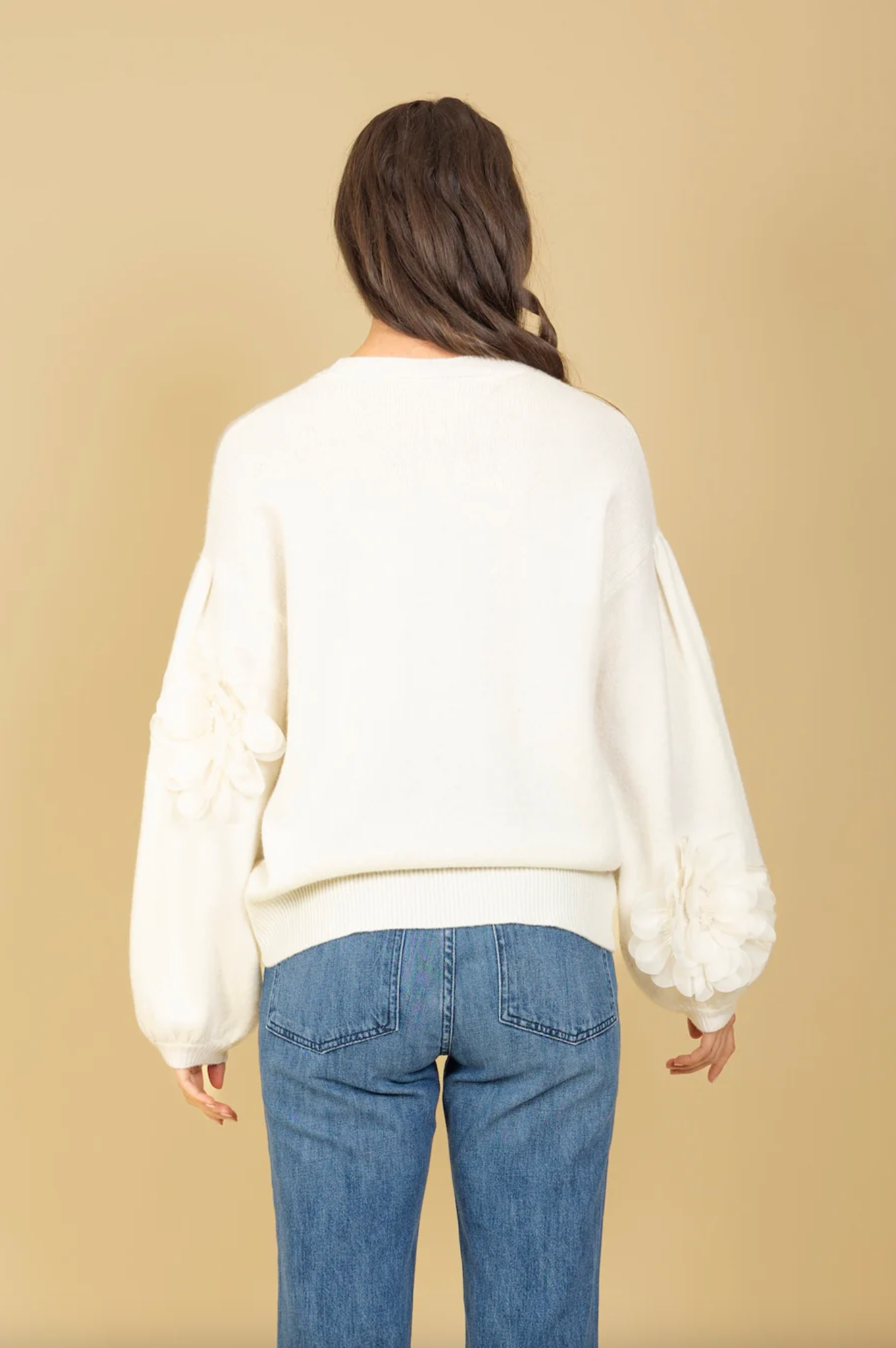 Merino Wool Round Neck Sweater with Floral Appliqué