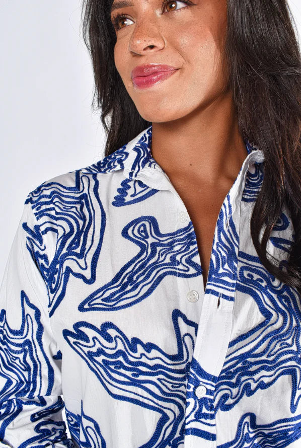 Embroidered Bird Midi - Blue/White
