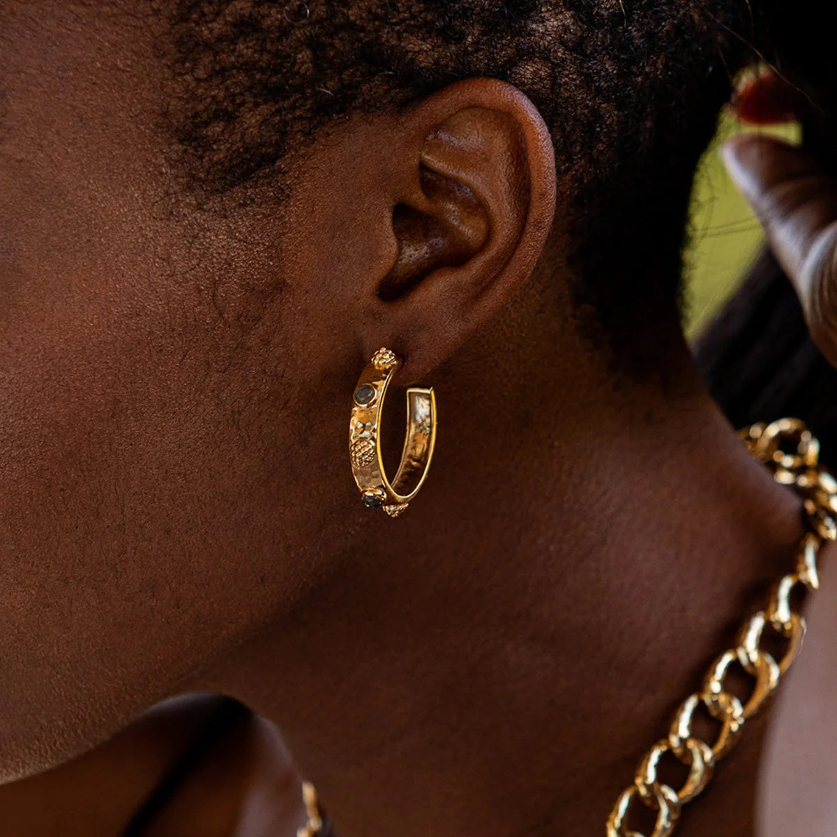 Cleopatra Hoop Earrings - Hammered Gold & Blue Labradorite