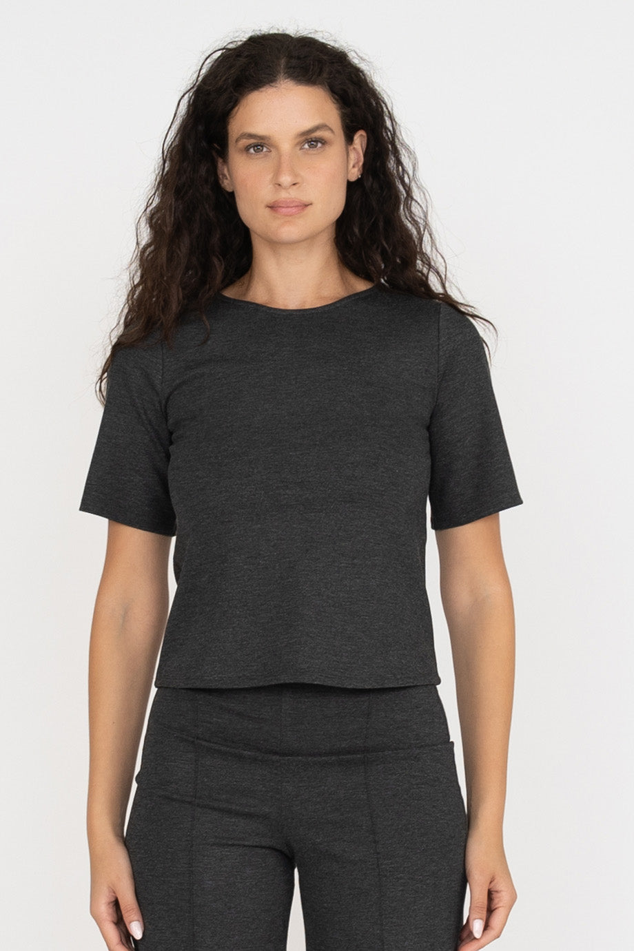 Ponte Knit Extended Short Sleeve Top - Charcoal