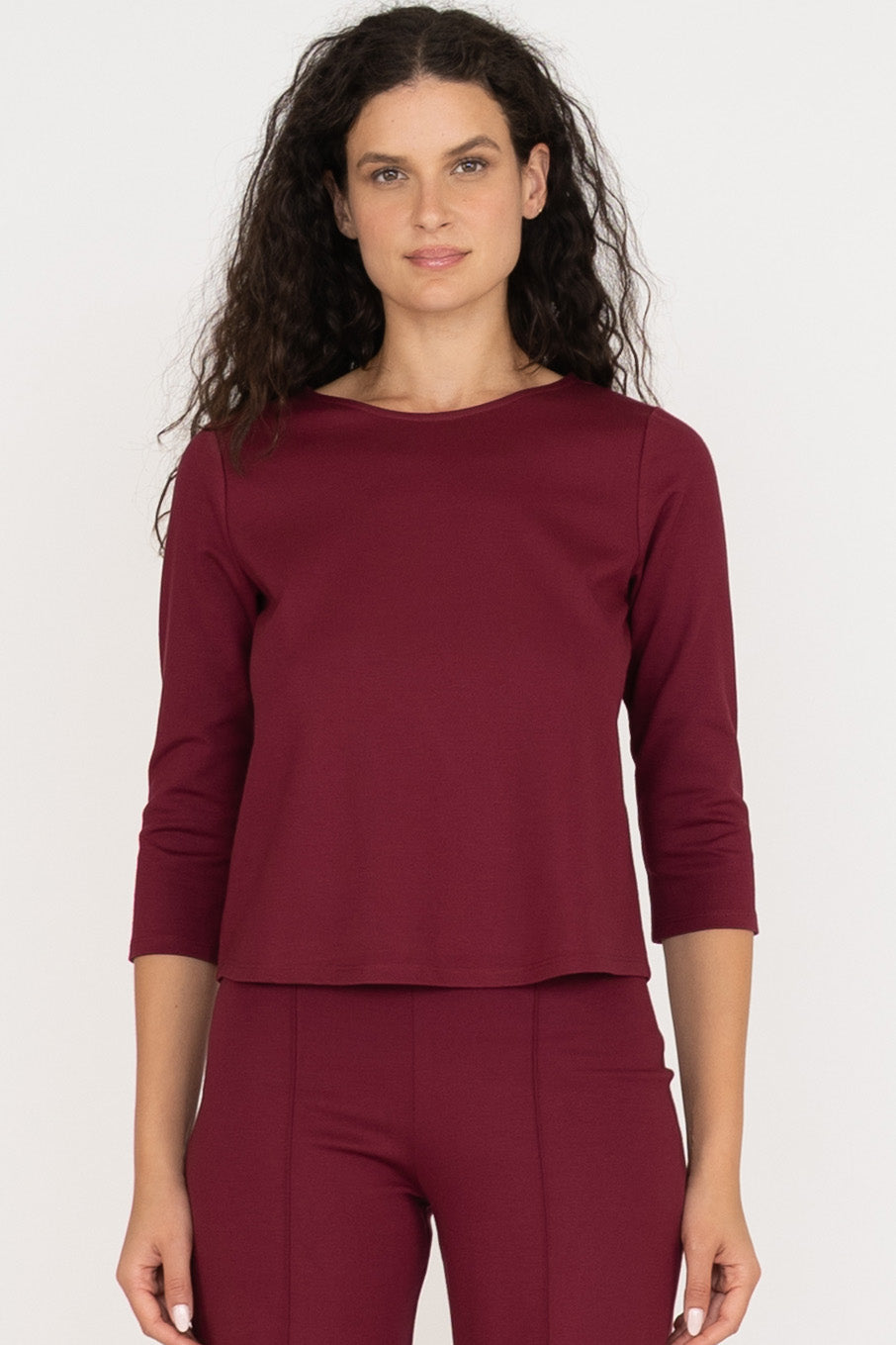 Ponte Knit Extended 3/4 Sleeve Top - Wine