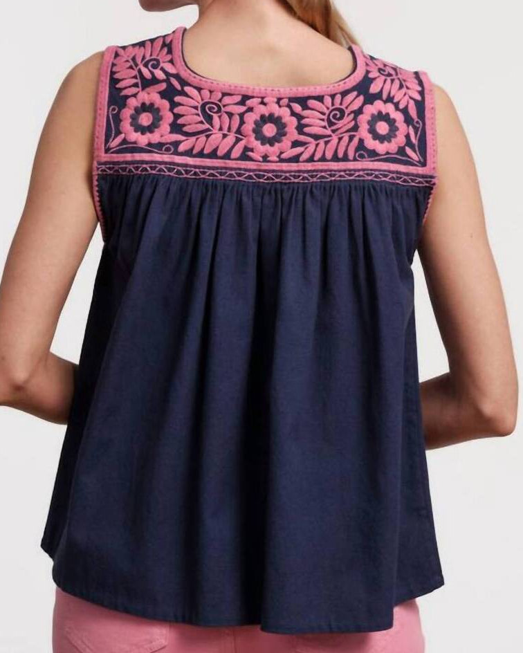 Jess Floral Embroidery Top - Navy