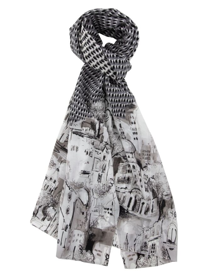 Silk Scarf with Paris Print - Black & White