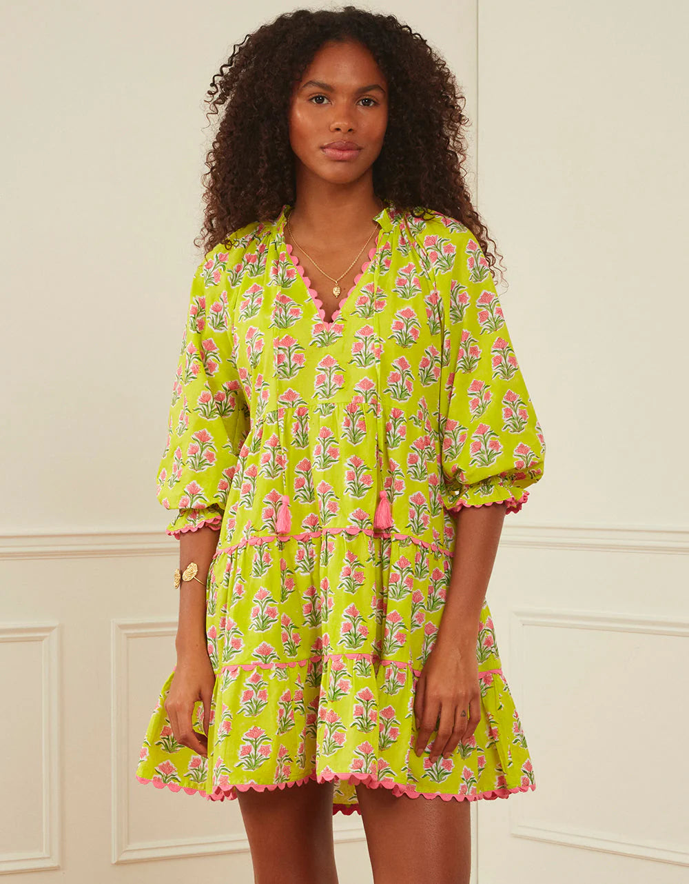 Luna Mini Dress - Lime Hibiscus