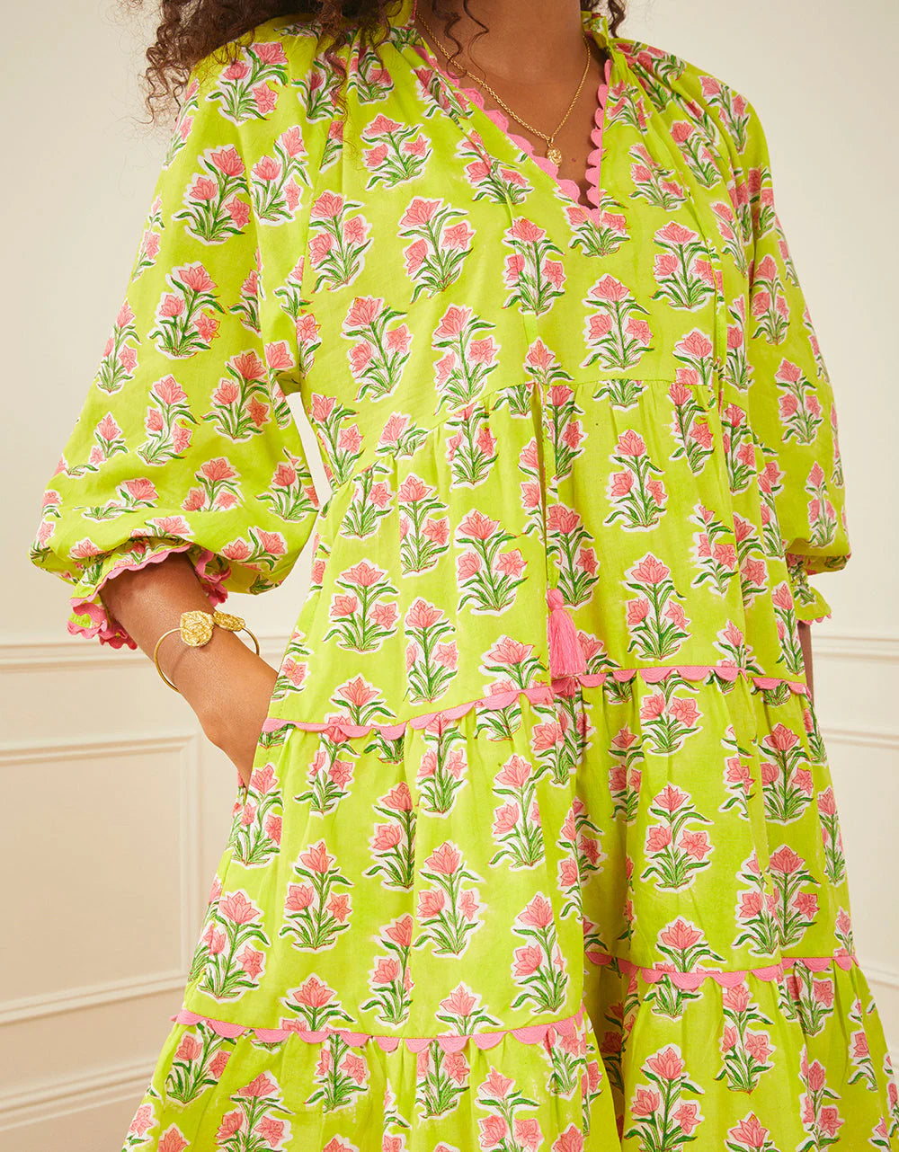 Luna Mini Dress - Lime Hibiscus