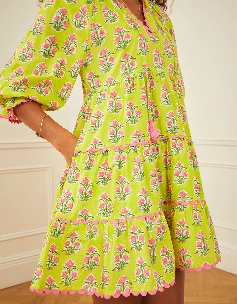 Luna Mini Dress - Lime Hibiscus