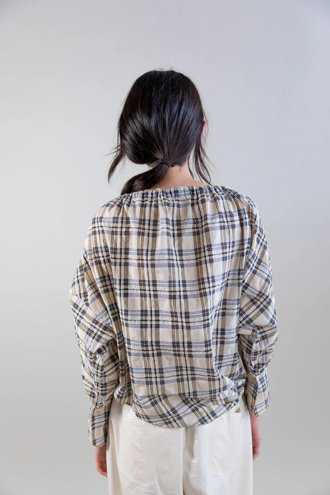 Bardot Blouse with Drawstring Detail - Beige Plaid