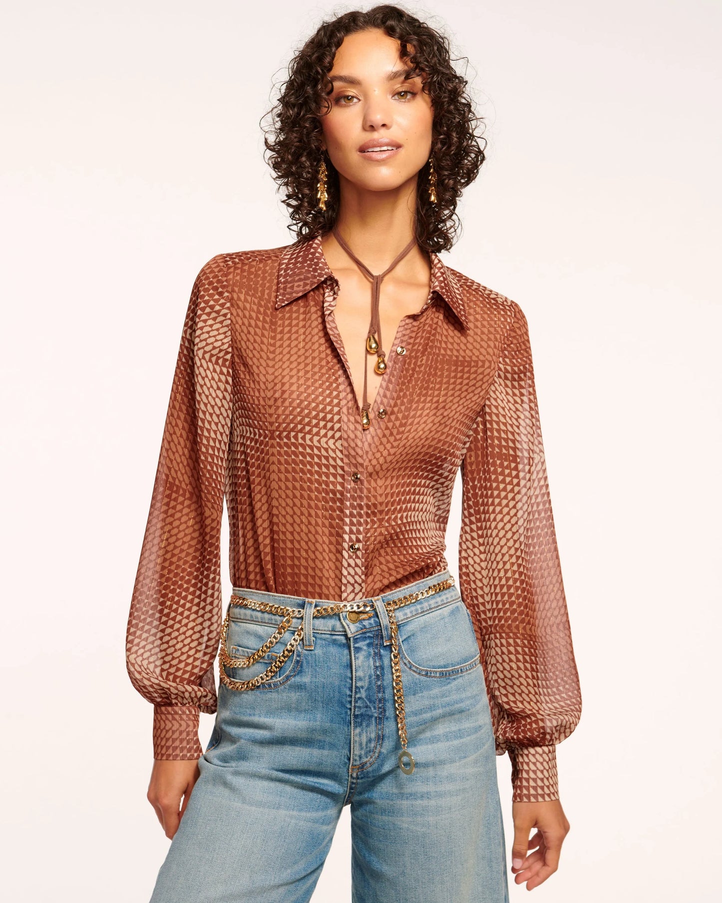 Polly Button Down Blouse - Saddle Geo