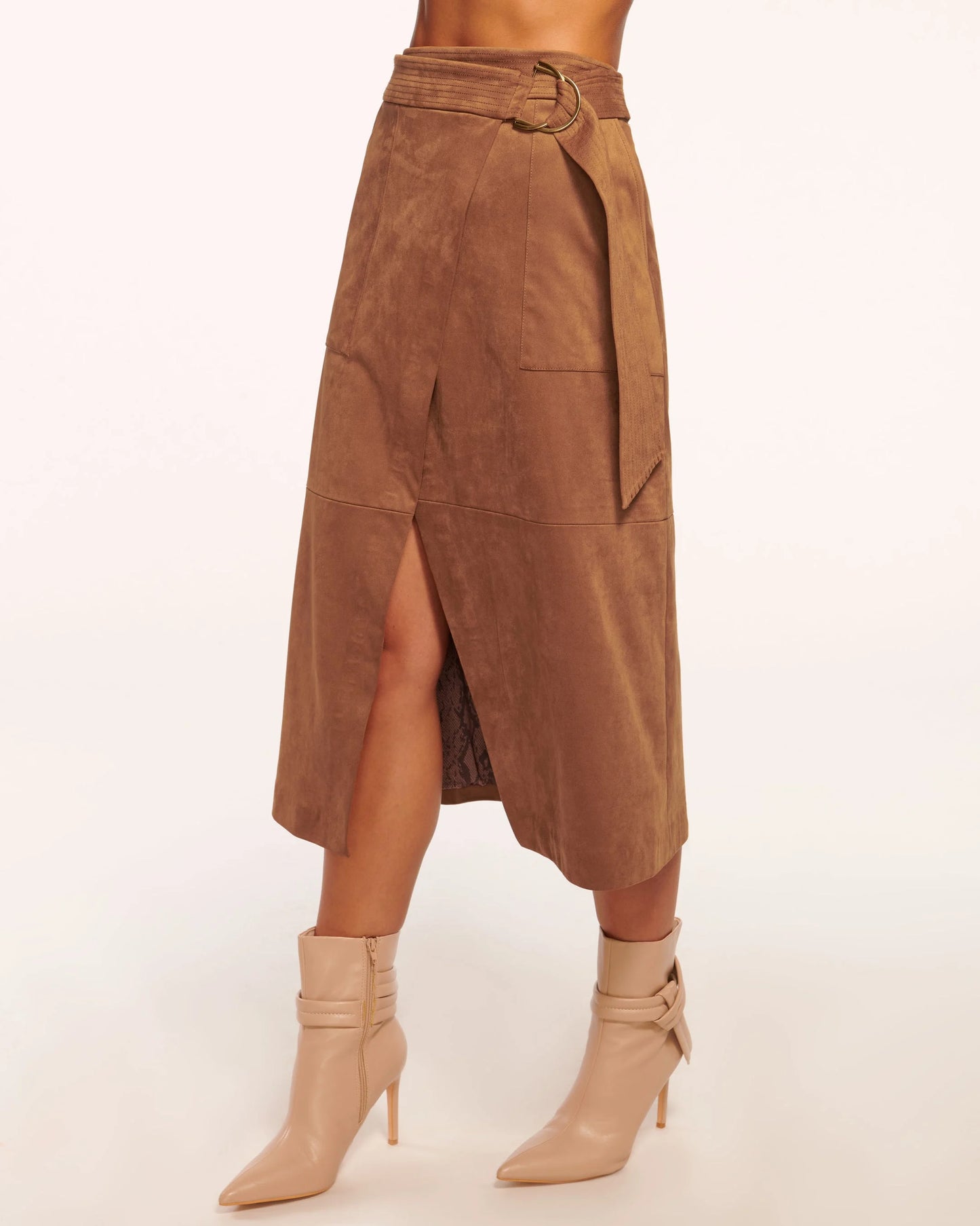 Delphia Faux Suede Midi Skirt - Saddle