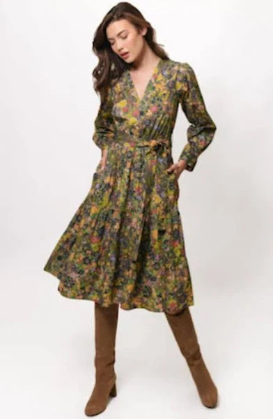 Long Sleeve Tie Waist Midi Dress - Muted Whimsy Floral