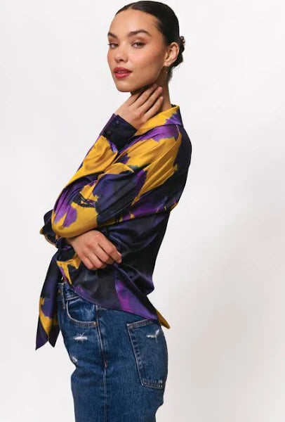 Long Sleeve Tie Front Button Down - Citrine Ink Blot Floral