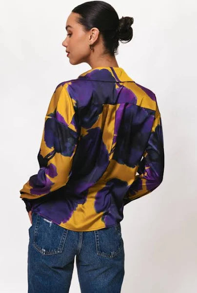 Long Sleeve Tie Front Button Down - Citrine Ink Blot Floral