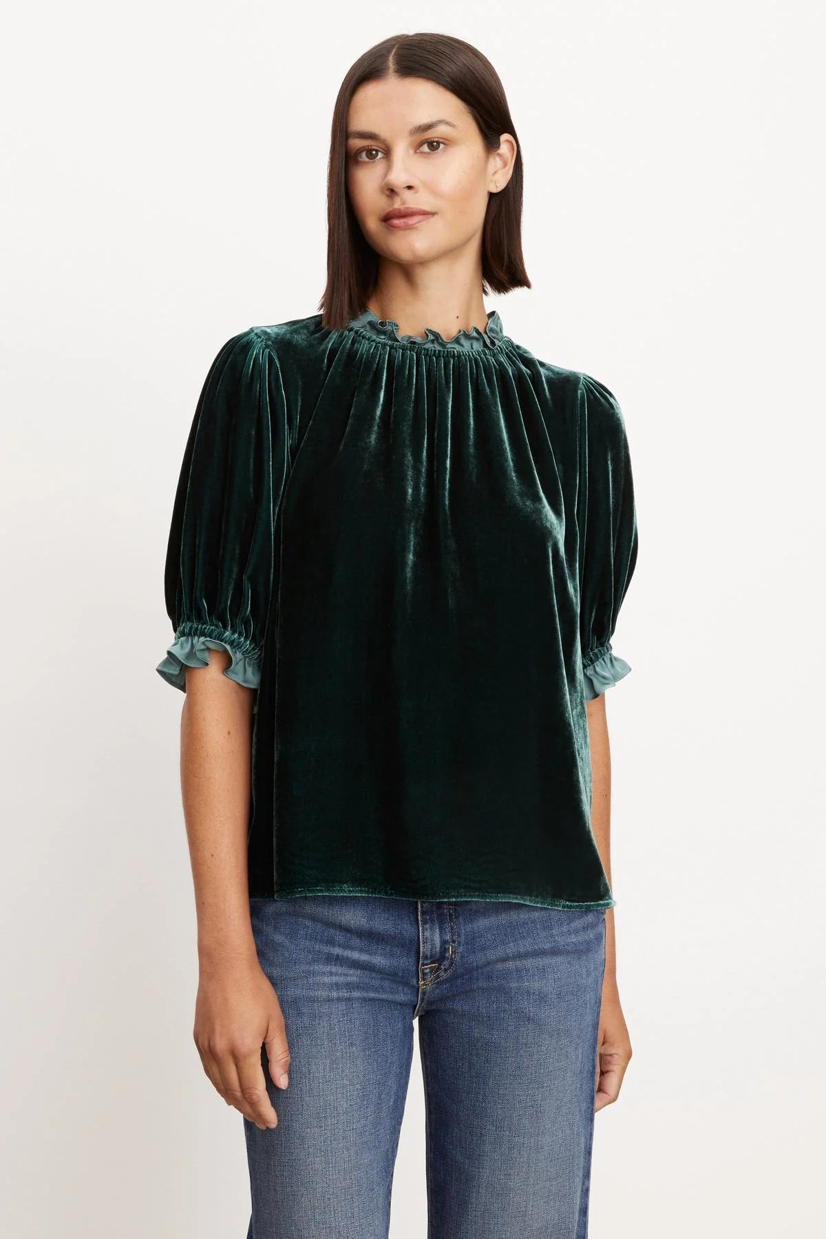 Velvet Ruffle Neck Top - Cavern