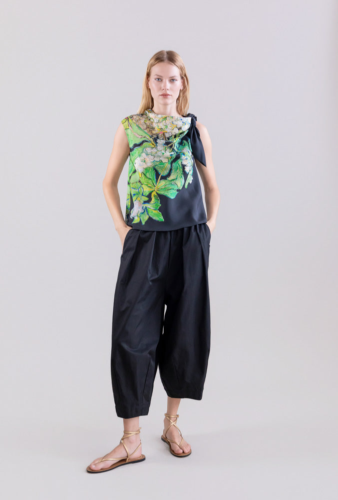Floral Side Tie Top - Black
