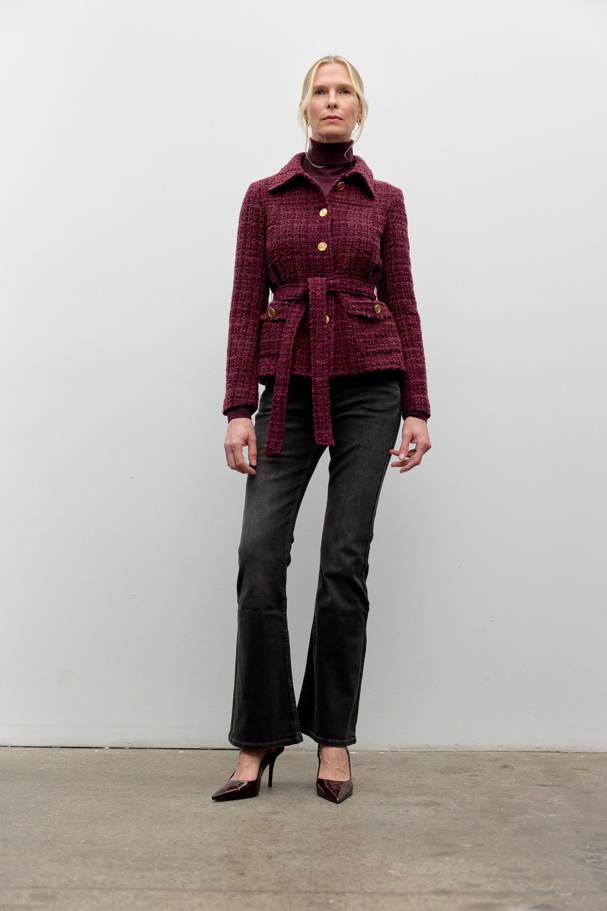 Tweed Belted Jacket - Plum Mix