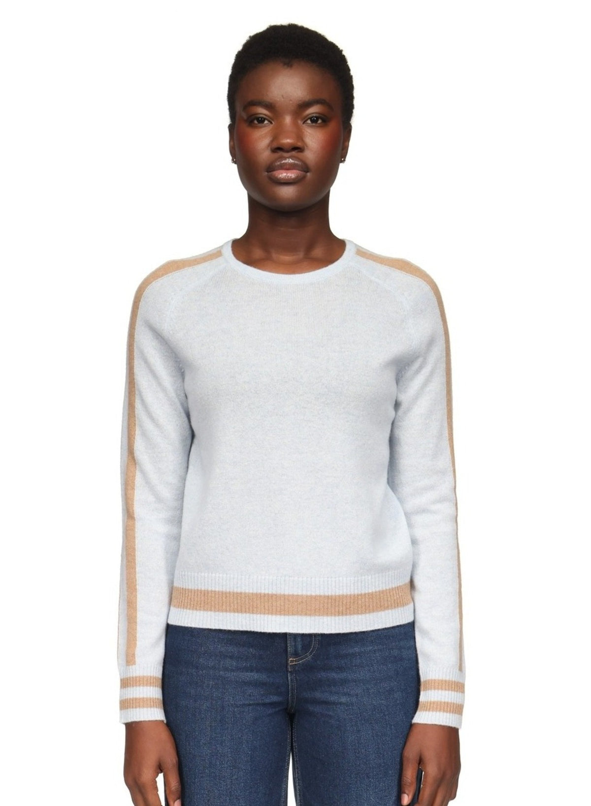 Cathy Sleeve Stripe Crew - Blue Mist & Camel