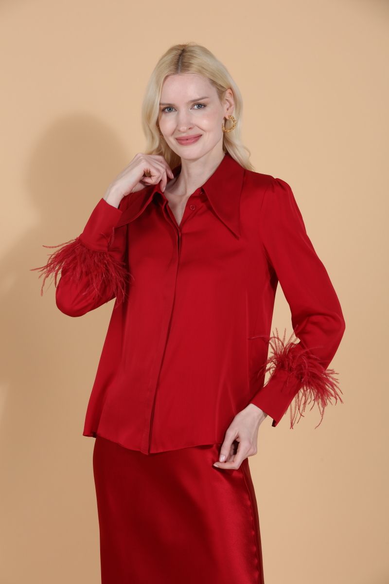Silk Blouse with Feather Trim - Red