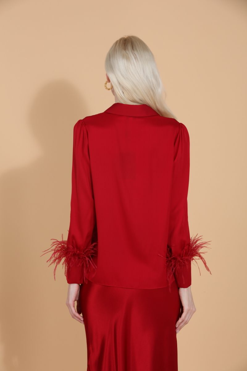 Silk Blouse with Feather Trim - Red