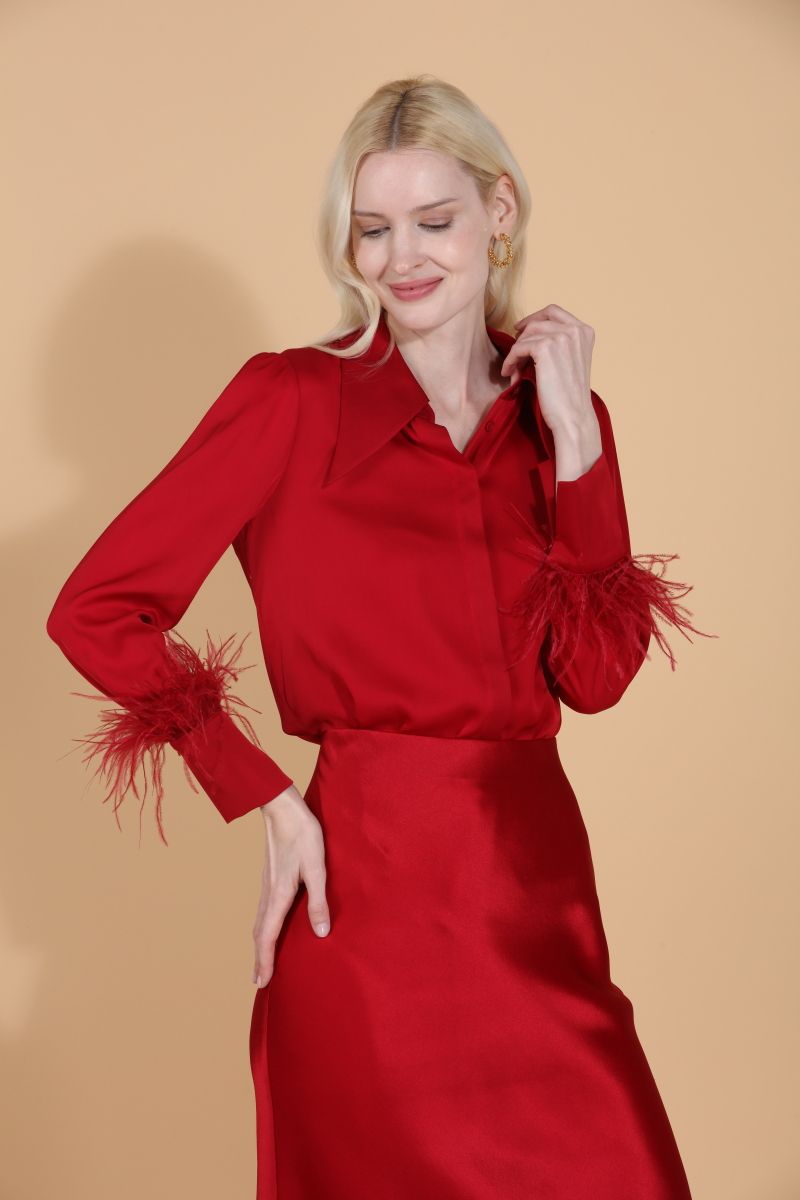 Silk Blouse with Feather Trim - Red