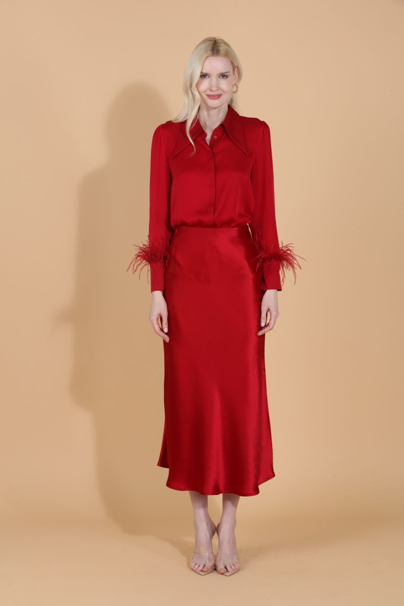 Silk Blouse with Feather Trim - Red