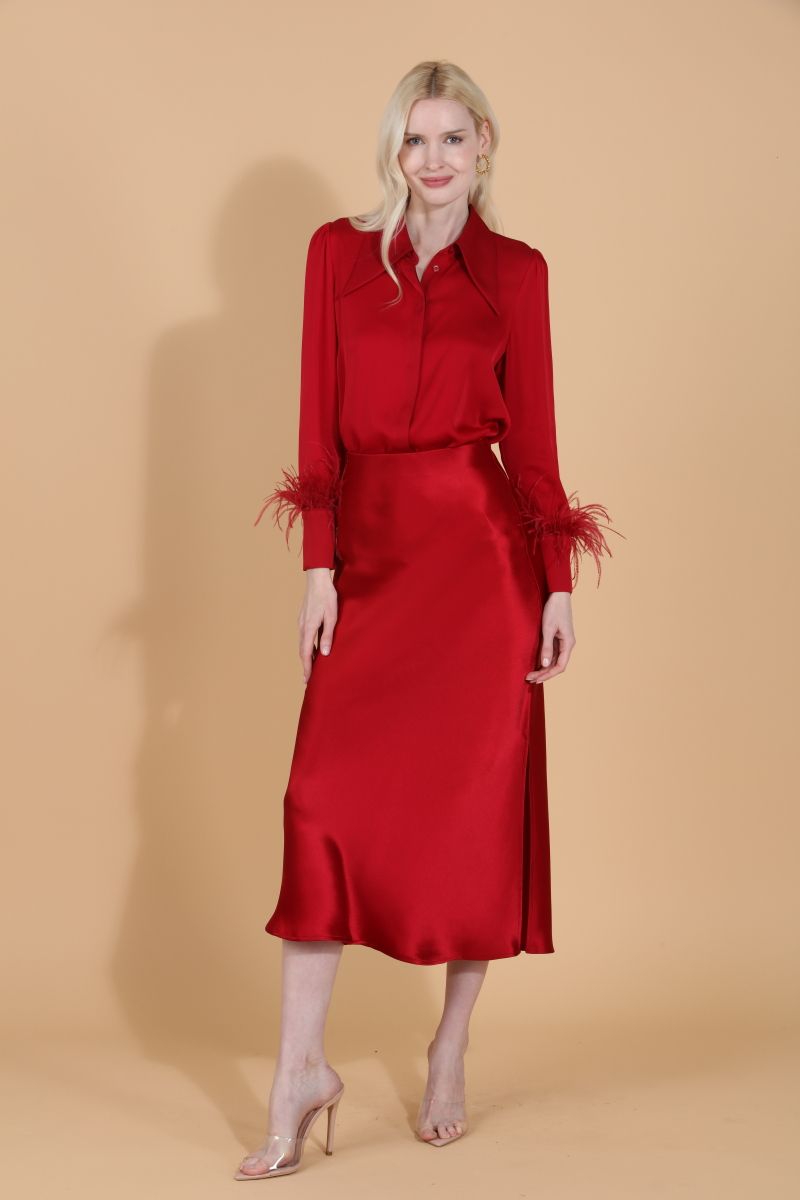 Silk Blouse with Feather Trim - Red