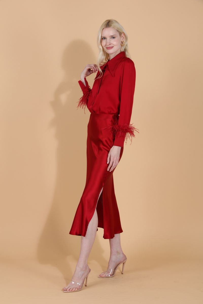 Silk Blouse with Feather Trim - Red