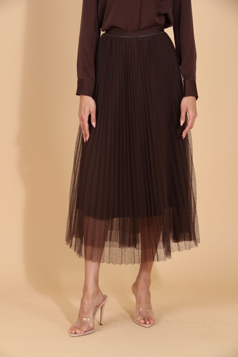 Pleated Tulle Skirt with Rhinestones - Brown