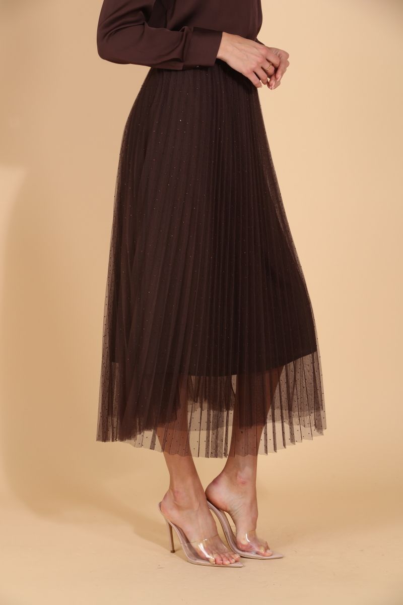 Pleated Tulle Skirt with Rhinestones - Brown