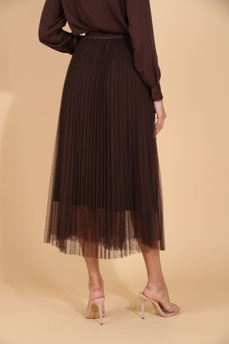 Pleated Tulle Skirt with Rhinestones - Brown