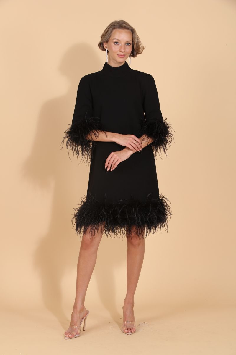Feather Dress with Detachable Trim - Black