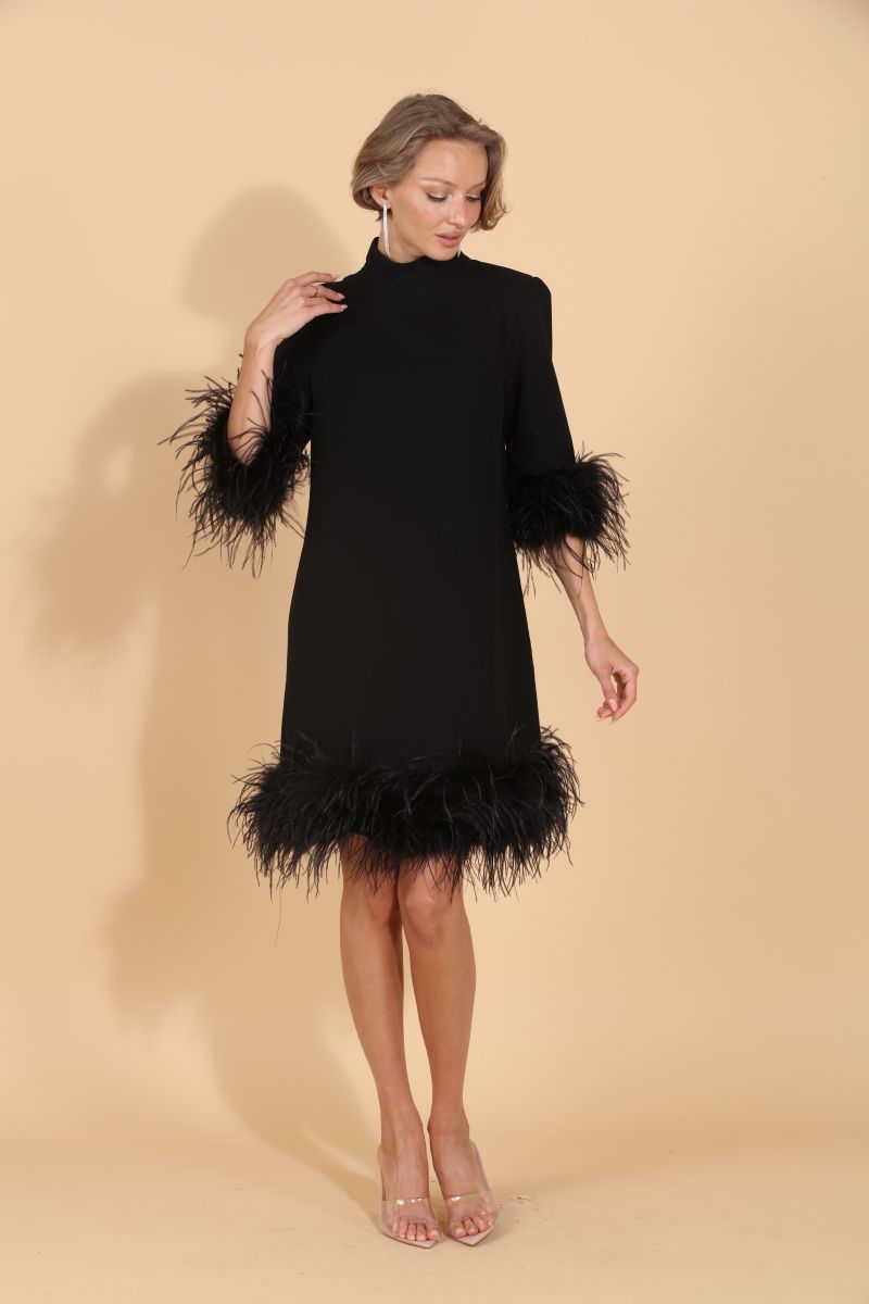 Feather Dress with Detachable Trim - Black