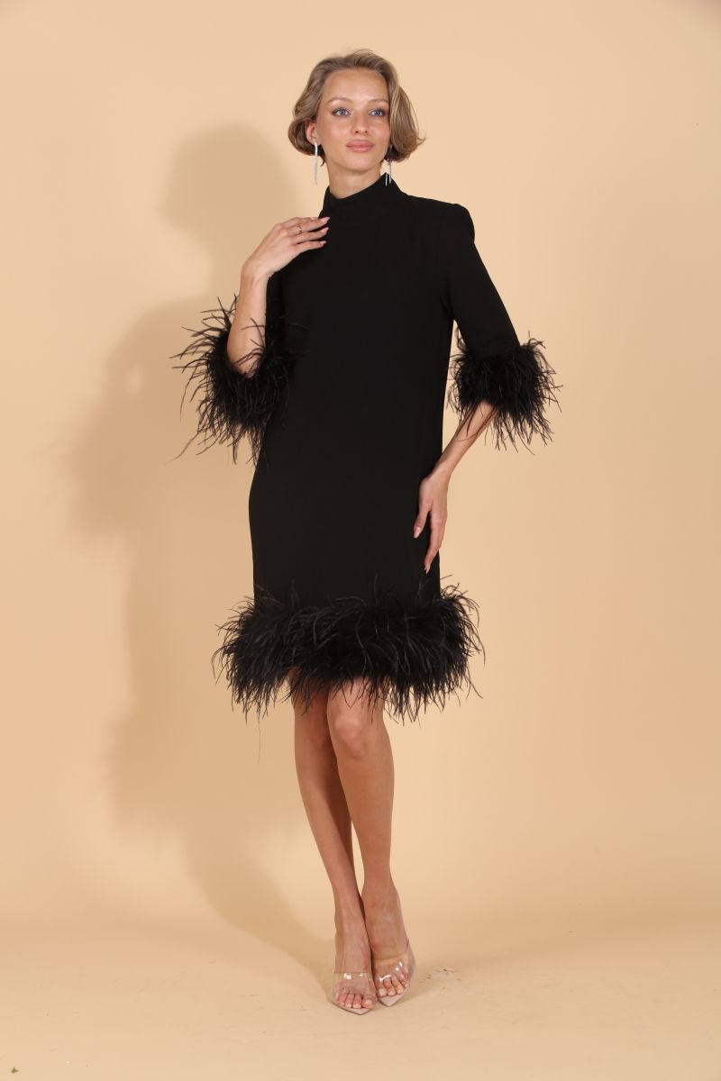 Feather Dress with Detachable Trim - Black