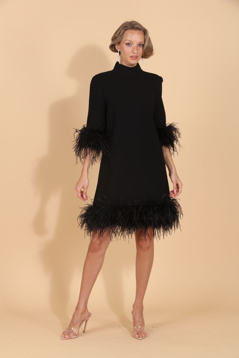 Feather Dress with Detachable Trim - Black