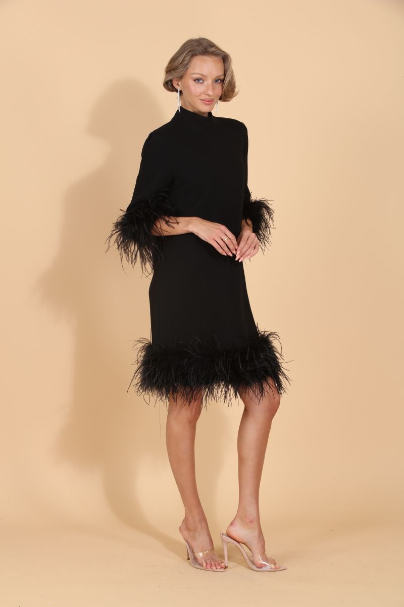 Feather Dress with Detachable Trim - Black