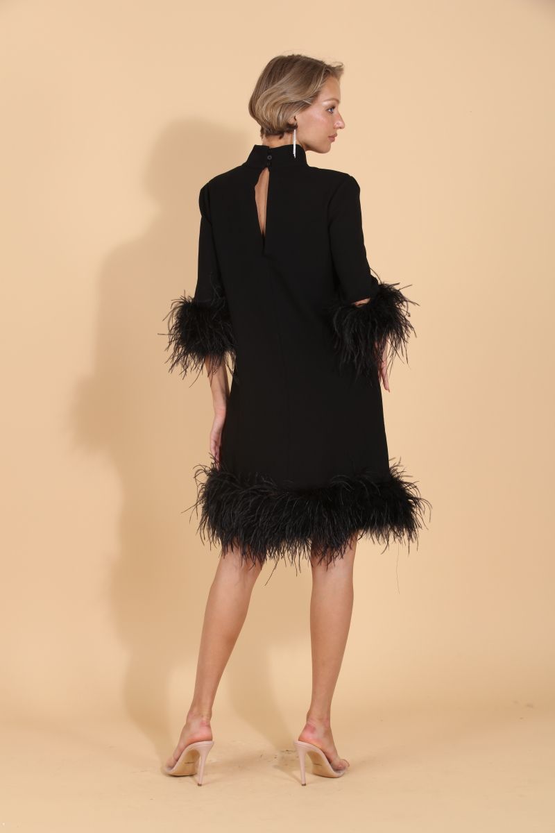 Feather Dress with Detachable Trim - Black