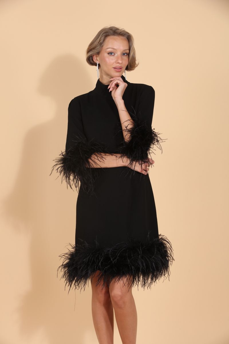 Feather Dress with Detachable Trim - Black