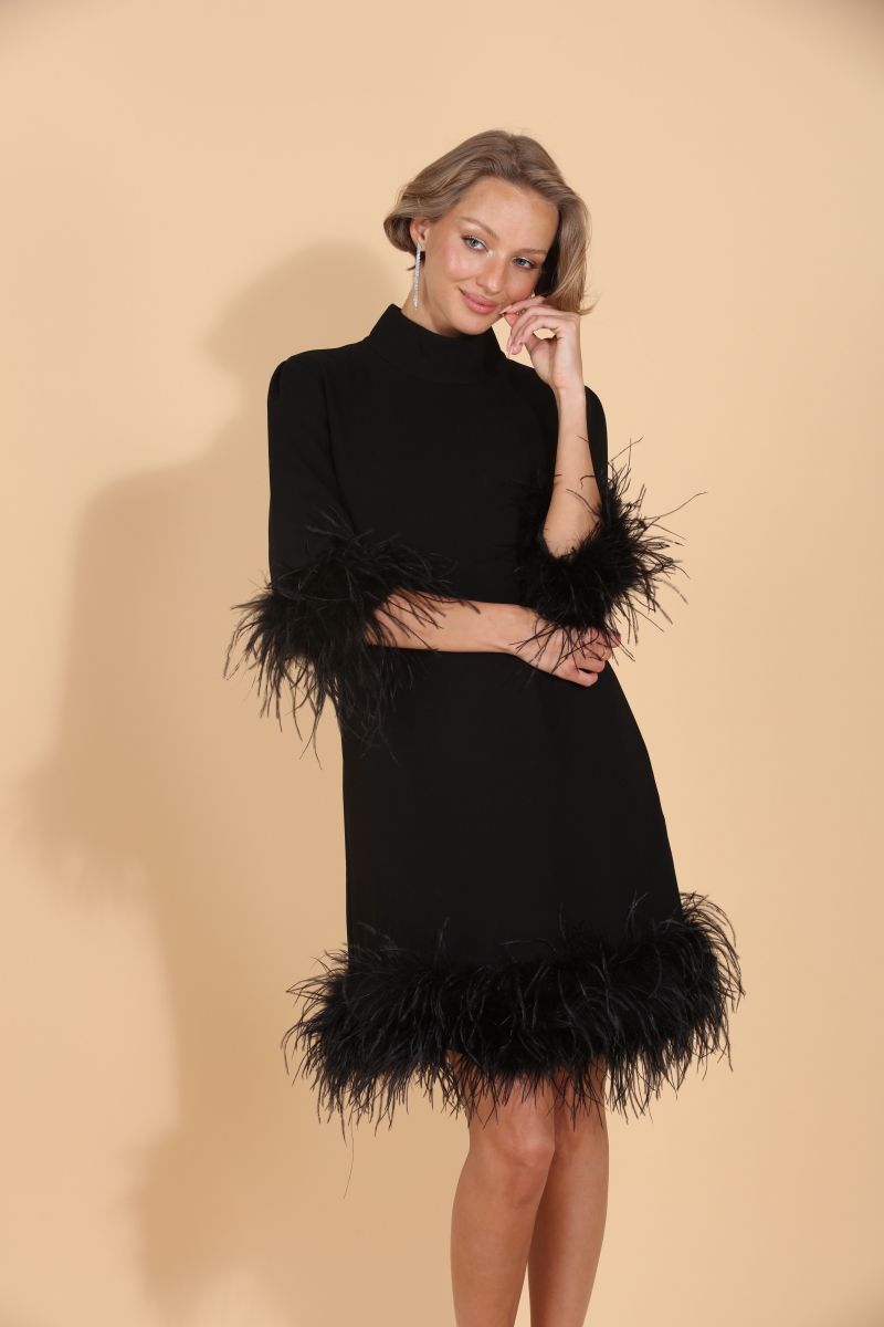 Feather Dress with Detachable Trim - Black