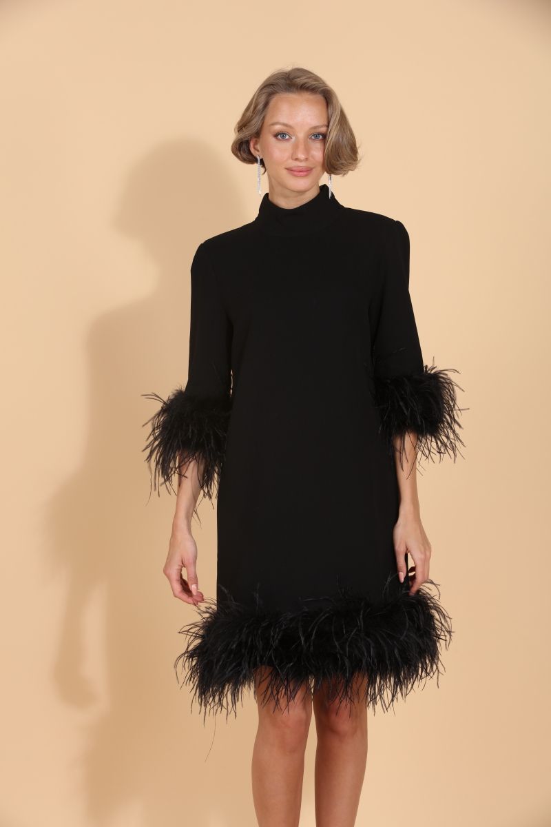 Feather Dress with Detachable Trim - Black