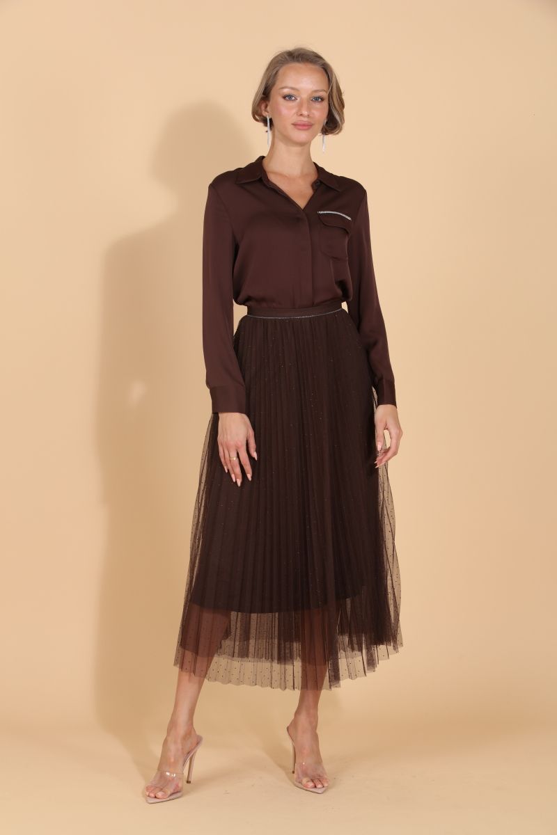 Pleated Tulle Skirt with Rhinestones - Brown