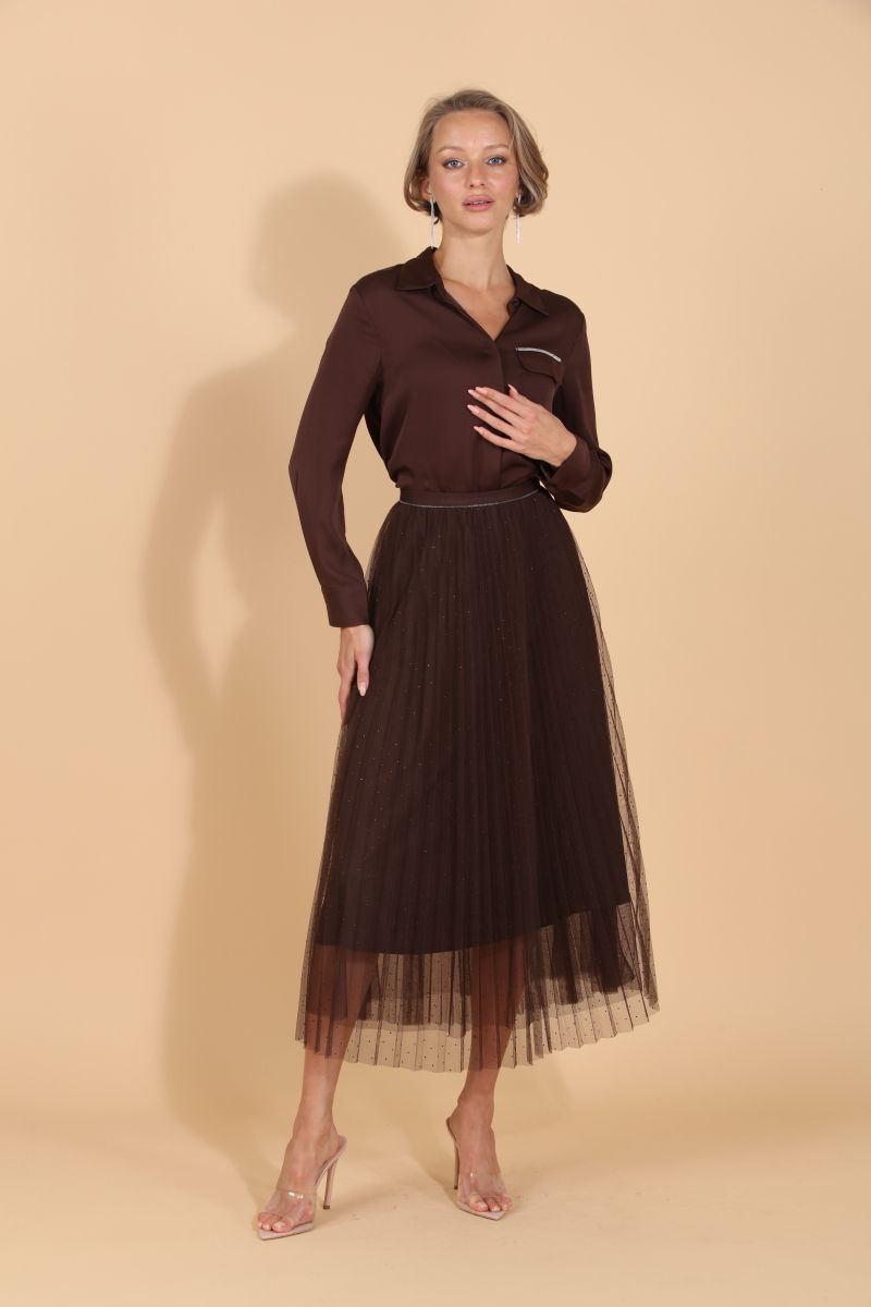 Pleated Tulle Skirt with Rhinestones - Brown