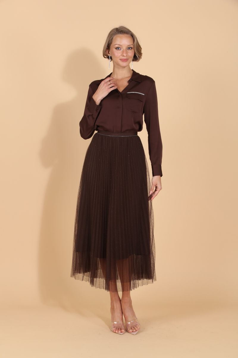 Pleated Tulle Skirt with Rhinestones - Brown