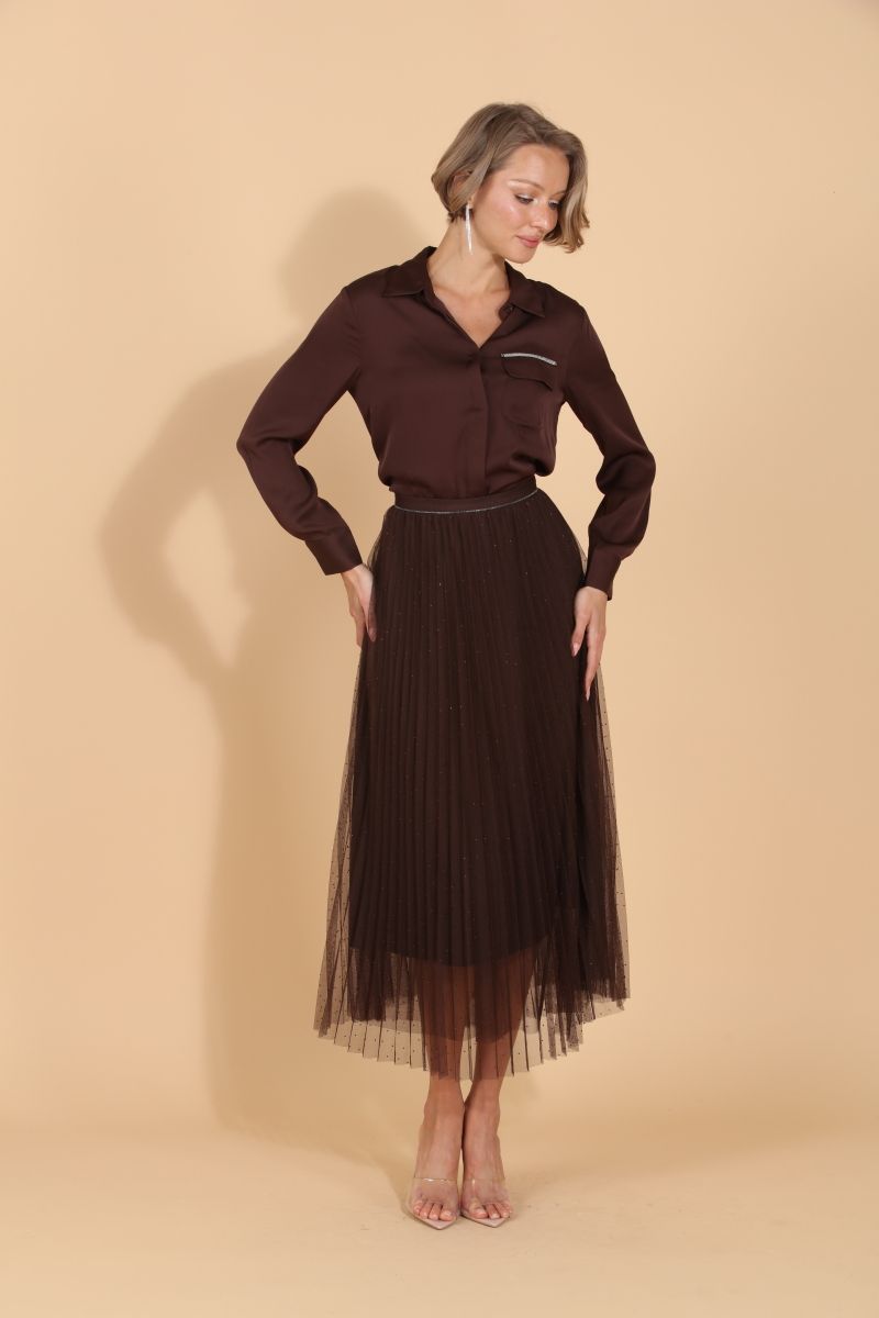 Pleated Tulle Skirt with Rhinestones - Brown