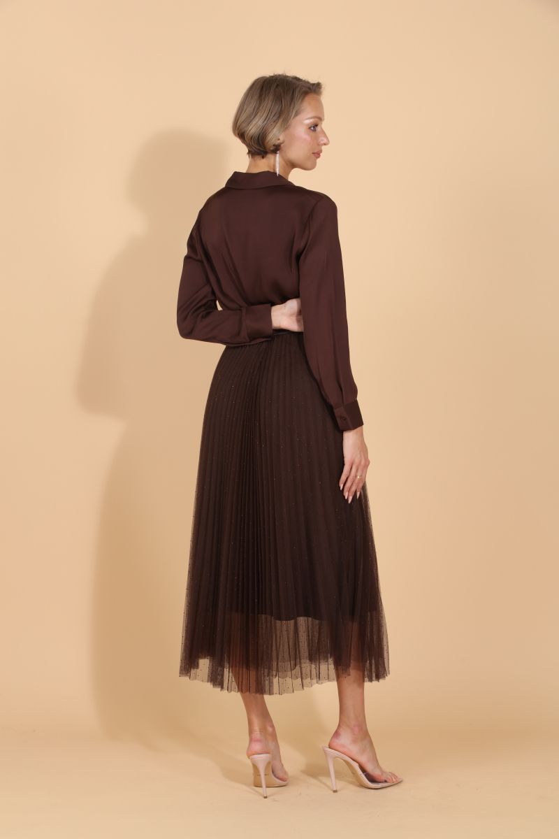 Pleated Tulle Skirt with Rhinestones - Brown