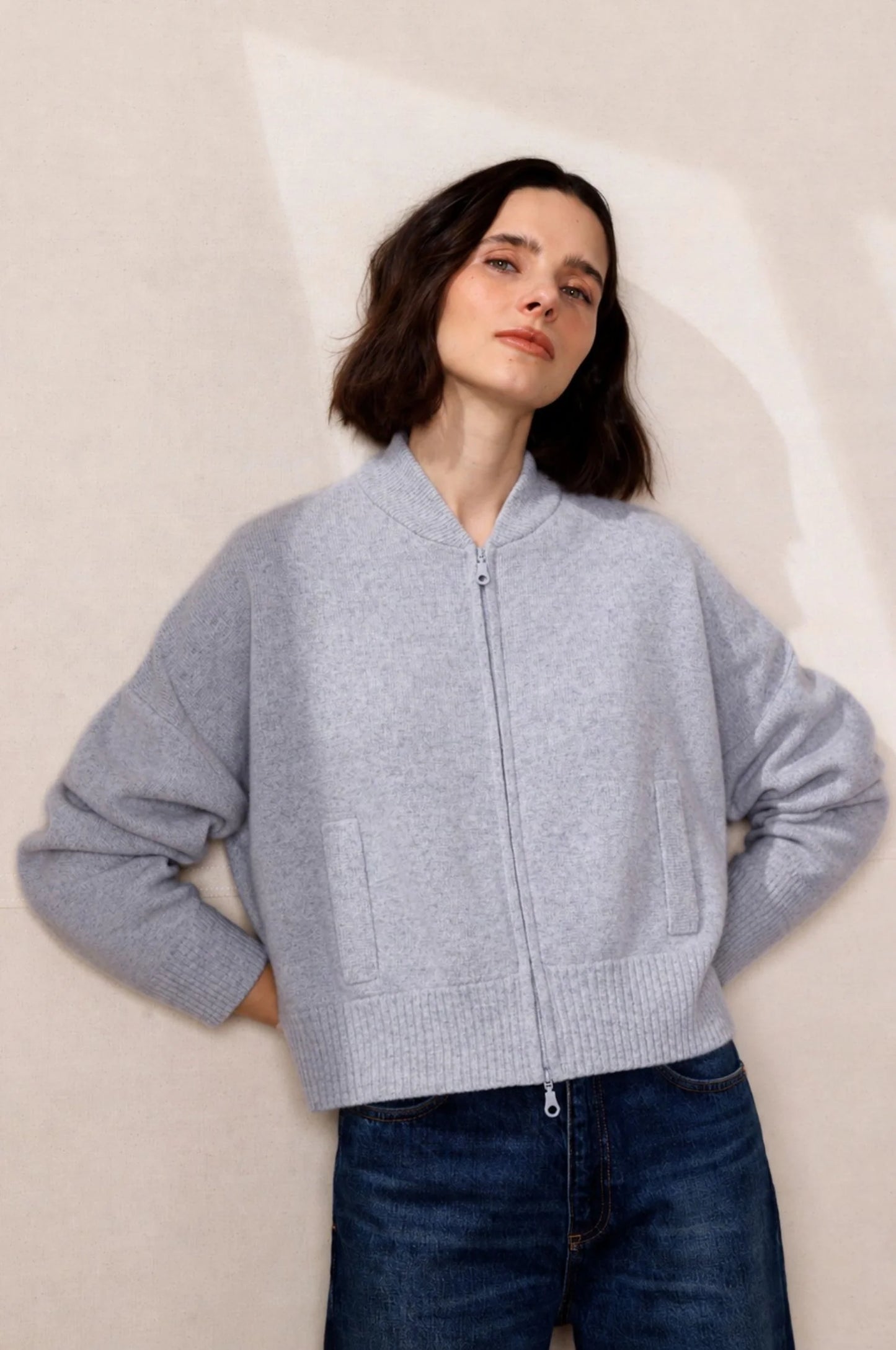 Cashmere Cropped Bomber - Foxy Silver
