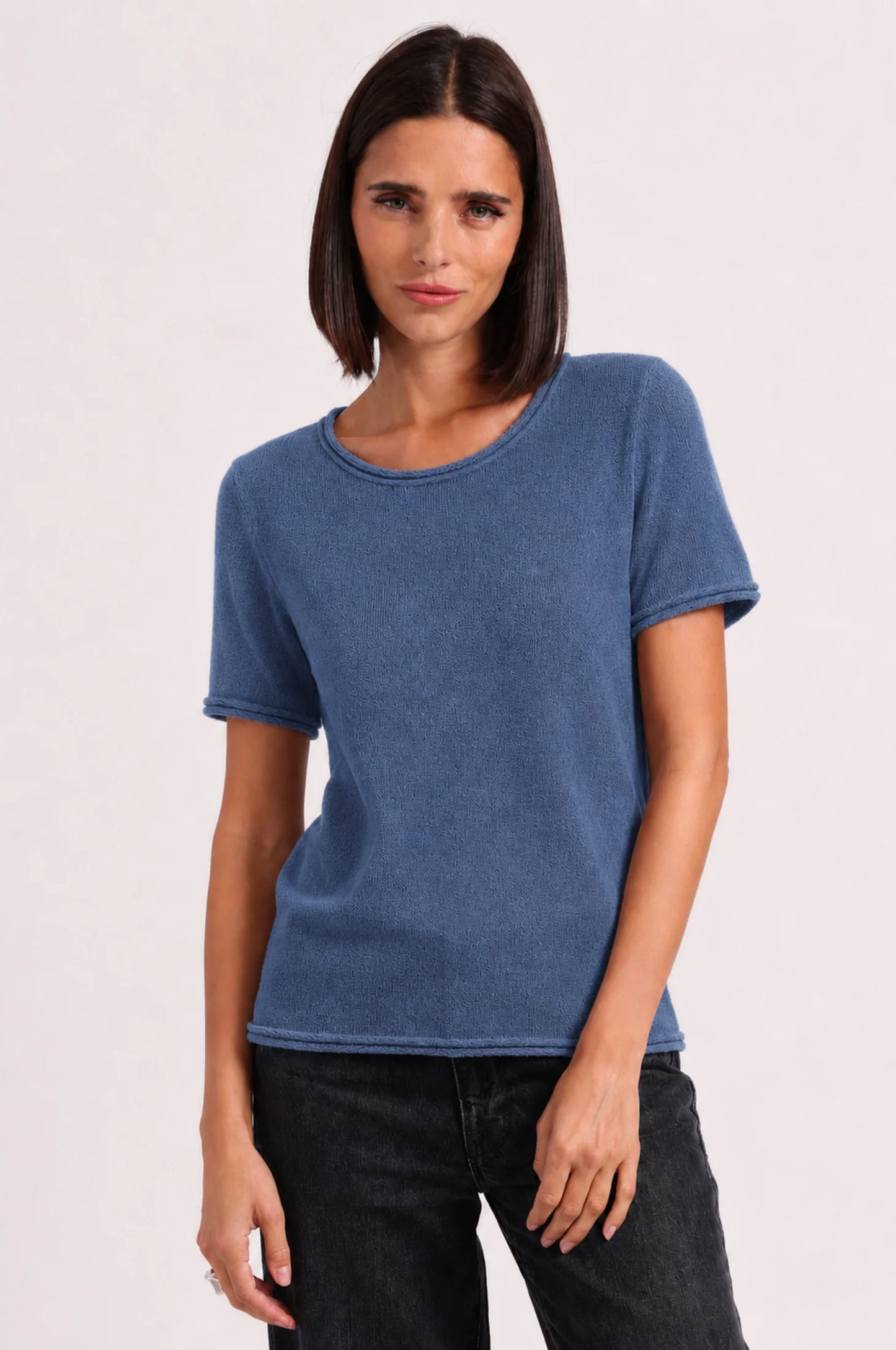 Cashmere Short Sleeve Tee with Rolled Trims - Blue Flight