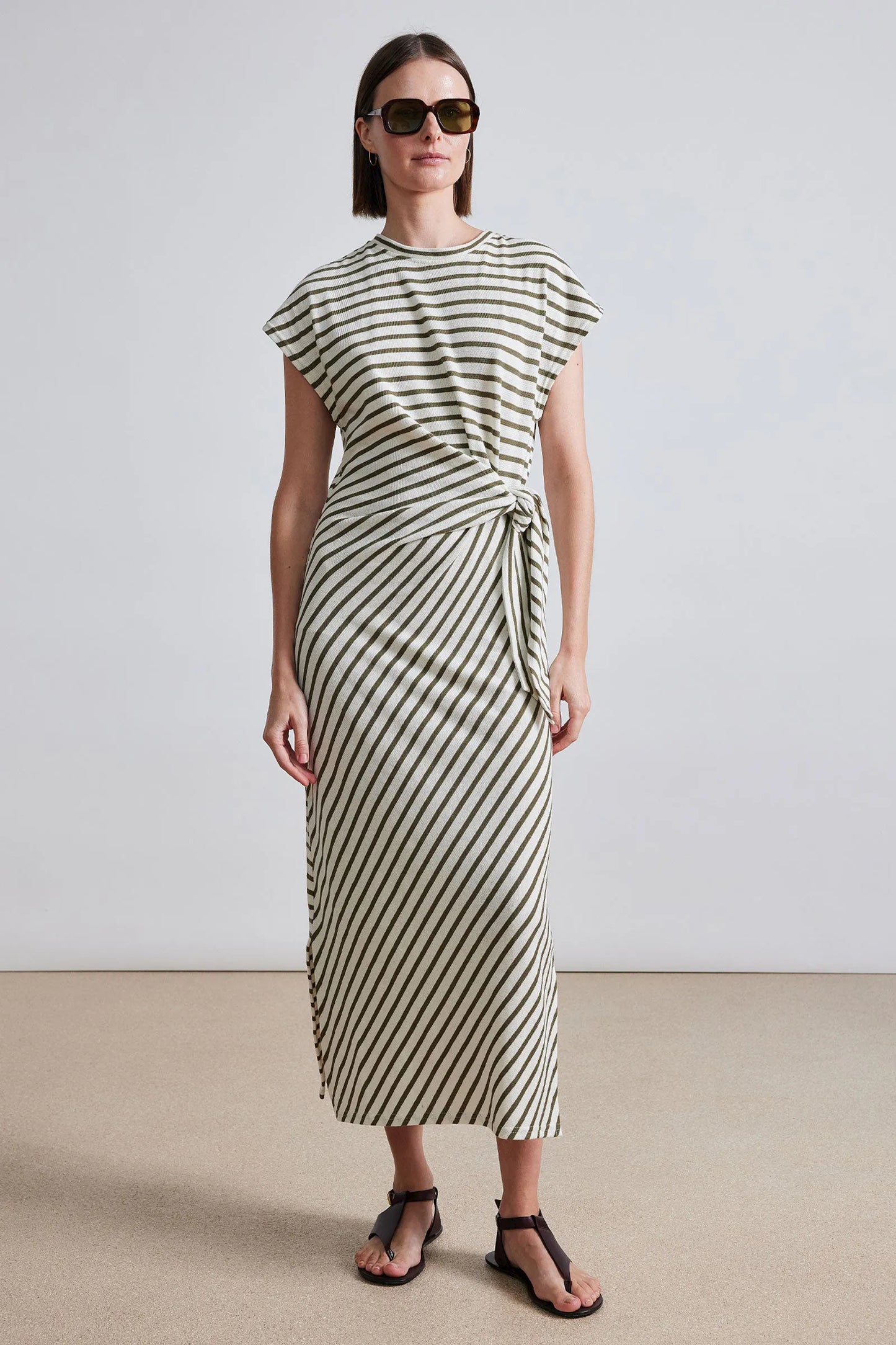 Vanina Cinched Waist Dress - Cream & Olive Stripe