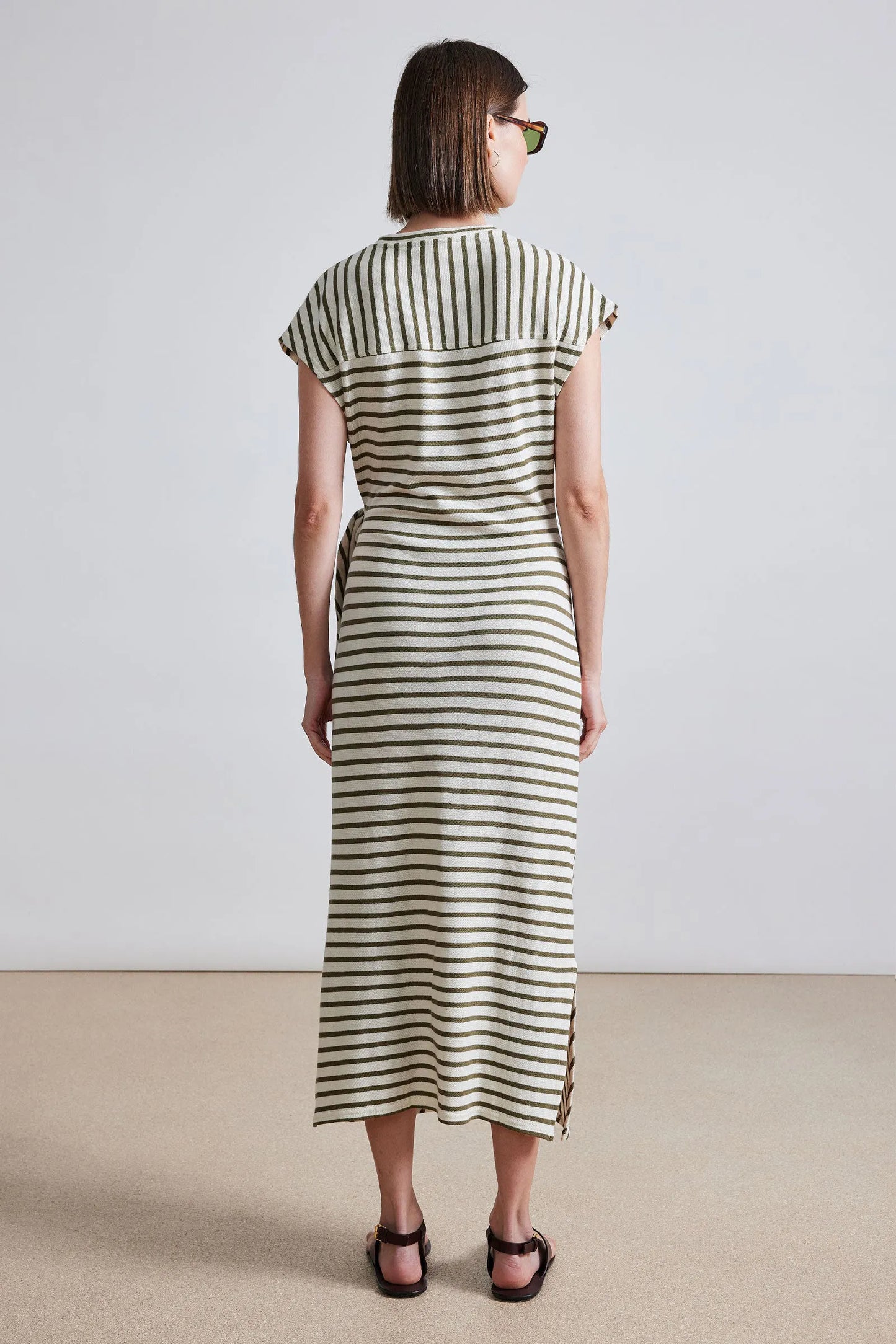 Vanina Cinched Waist Dress - Cream & Olive Stripe