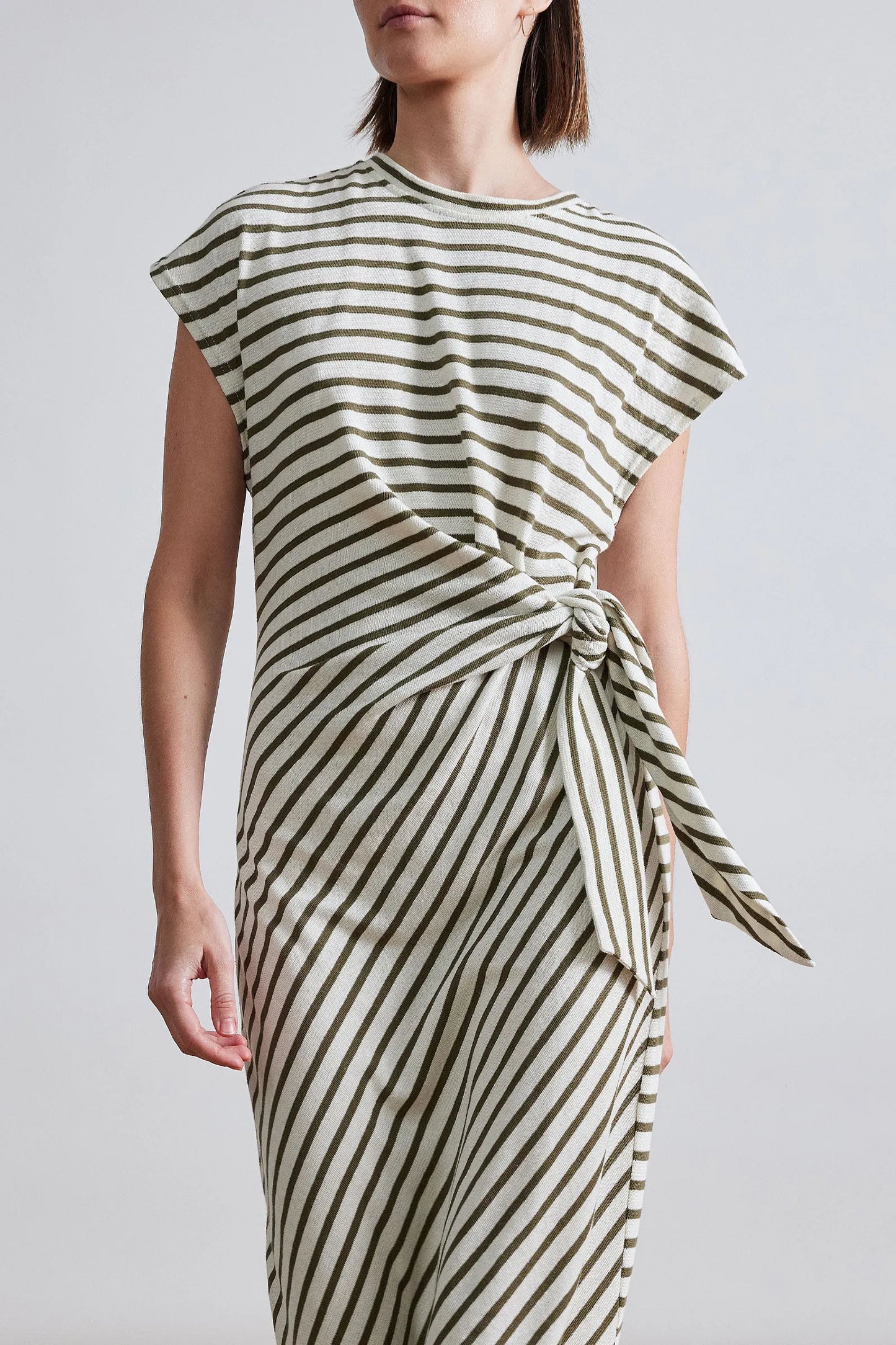 Vanina Cinched Waist Dress - Cream & Olive Stripe