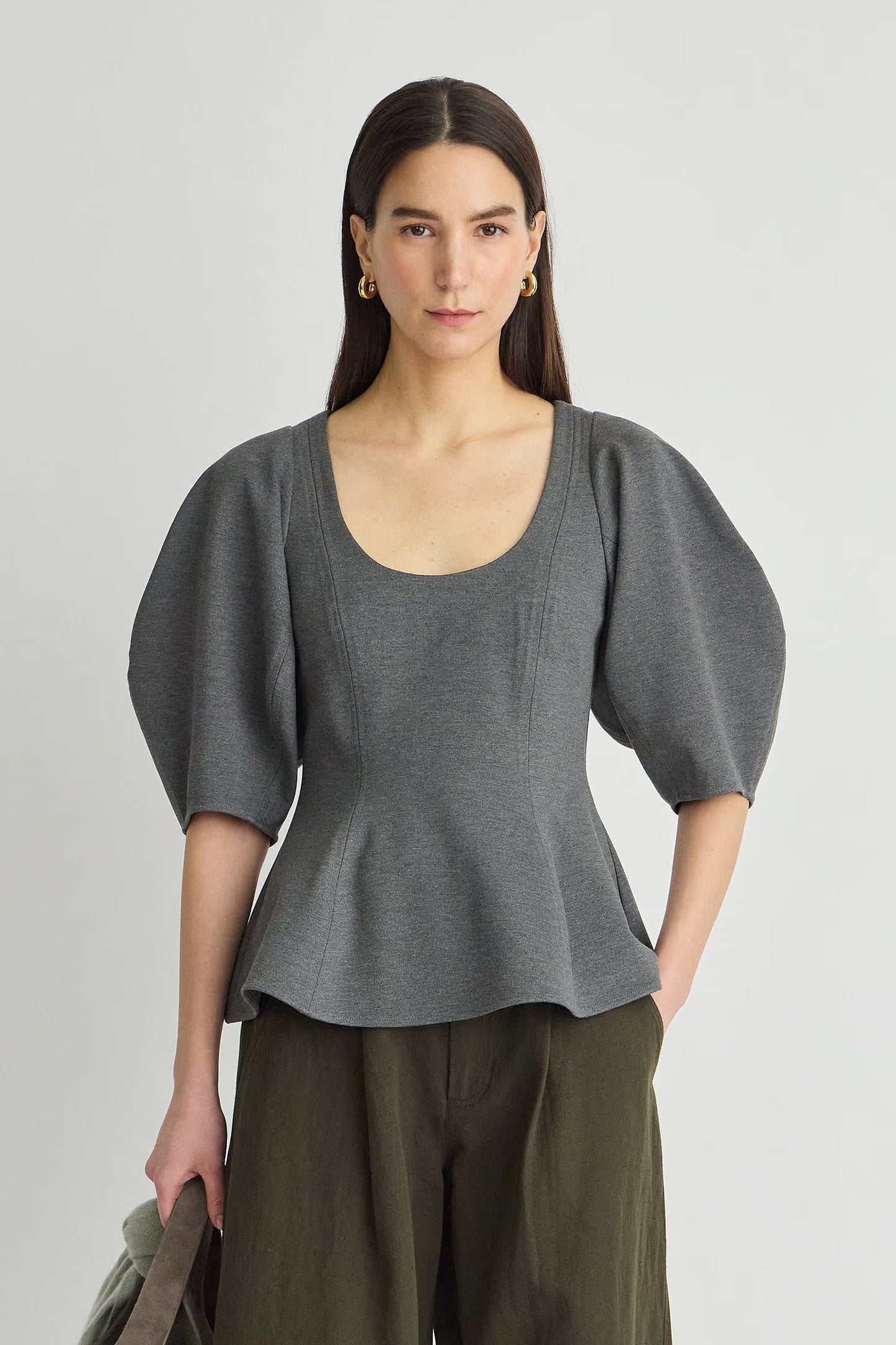 Bebe Ponte Peplum Top - Heather Grey